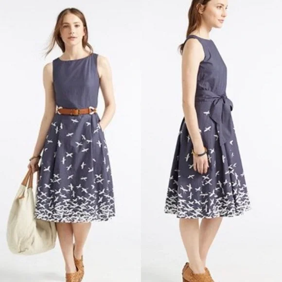 L.L. Bean Dresses Nwtll Bean Signature Poplin Navy Bird Blue And White Print Midi Dress Sz 2 Poshmark